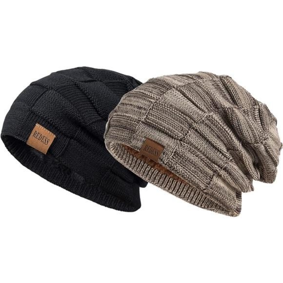 2 Pcs Unisex Winter Beanie Hat Knit Slouchy Thick Skull Cap, Pureblack & Coffee